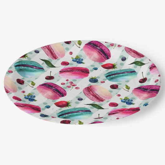 マカロンフランスのと果実と水玉模様 ペーパープレート (アングル)