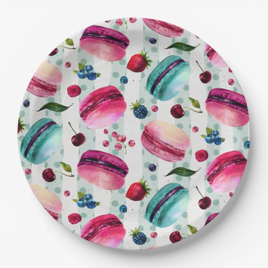マカロンフランスのと果実と水玉模様 ペーパープレート (正面)