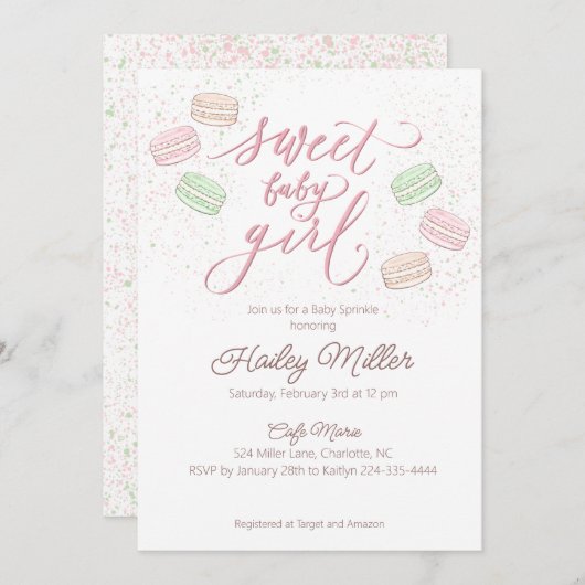 マカロンフランスのスウィートベビーガールスプリンクル招待状 招待状 (正面/裏面)