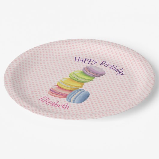 マカロンフランスのペストリー水玉模様ハッピーバースデー ペーパープレート (アングル)