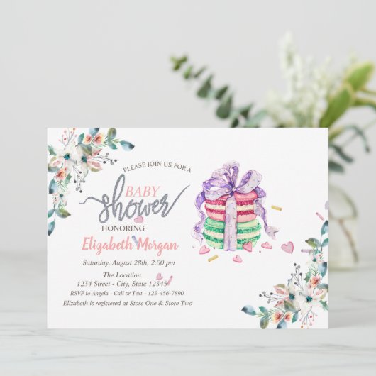 マカロンフランスの花赤ちゃんシャワー招待状 招待状 (スタンド正面)