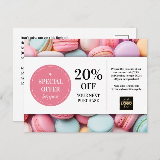 マカロンベーカリーベーカーカスタムクーポン割引 ポストカード (正面/裏面)