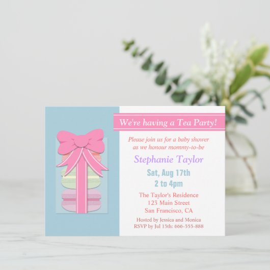 マカロン茶パーティー赤ちゃんシャワー、青とピンク 招待状 (スタンド正面)