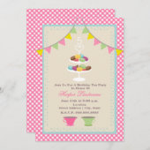 マカロン誕生日ティーパーティの招待状ピンクギンガム 招待状 (正面/裏面)