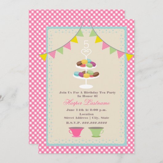 マカロン誕生日ティーパーティの招待状ピンクギンガム 招待状 (正面/裏面)