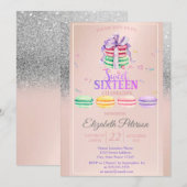 マカロン シルバー グリッター ボケ Sweet 16 パーティー 招待状 (正面/裏面)