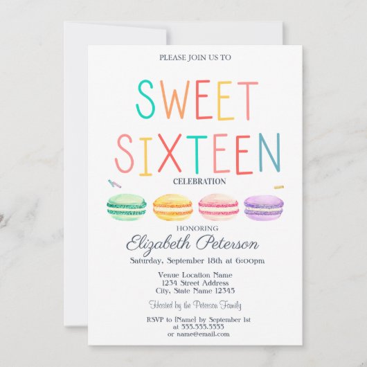 マカロン 水彩 ストライプ カラフル スイート16 招待状 (正面)