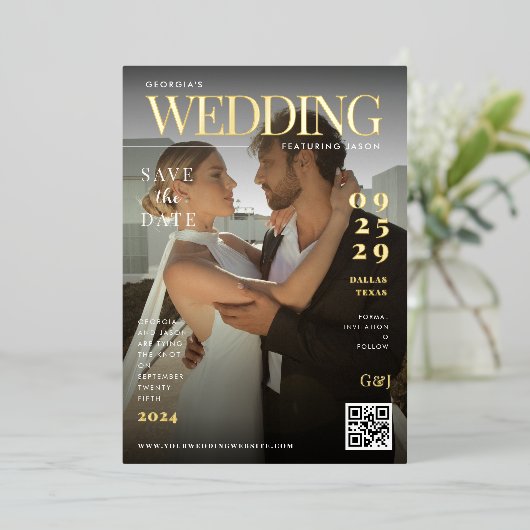 マガおもしろいジンカバー暗いユニーク写真結婚の 箔招待状 (立ち正面)