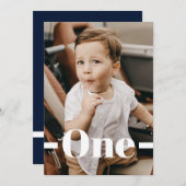 マガジンカバースタイルブルーフォトボーイ1歳の誕生日 招待状 (正面/裏面)