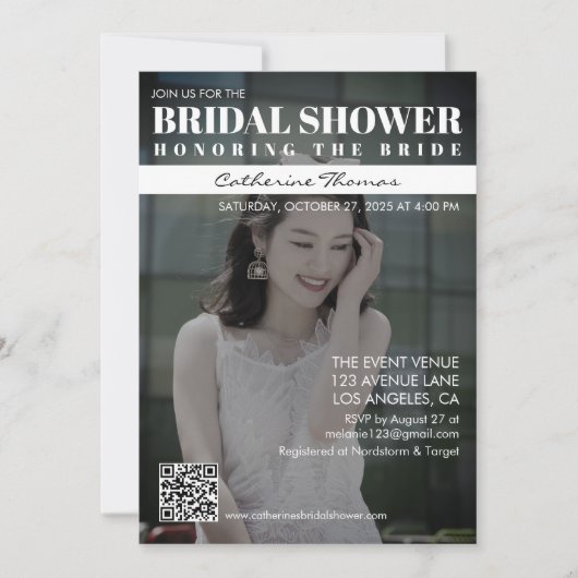 マガジンカバートレンディーダークフォトブライダルシャワー 招待状 (正面)