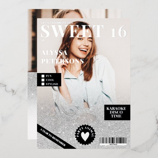 マガジンカバー2フォトシルバーグリッタースウィート16 箔招待状 (正面/裏面)