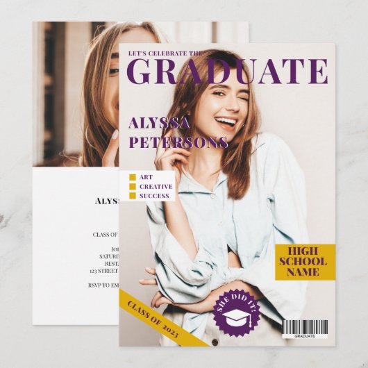 マガジンカバー2枚の写真パープルトレンディー卒業 案内状 (正面/裏面)