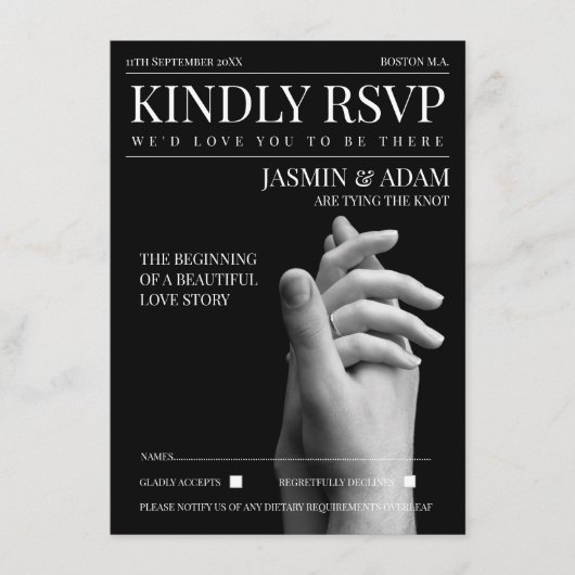 マガジンダークモード新聞フォトウェディングRSVP エンクロージャーカード (正面)