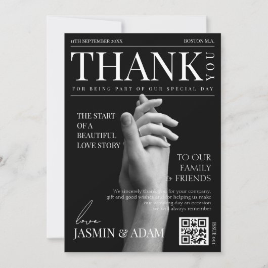 マガジンブラックダークモード新聞写真結婚ズ サンキューカード (正面)