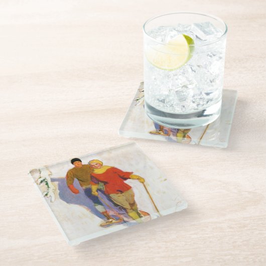 マククレランド・バークレイのスノーシューズを履く夫婦 ガラスコースター (アングル)