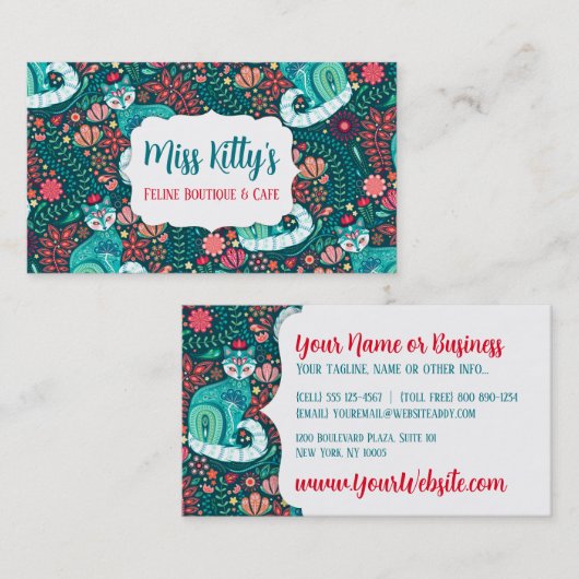 マクシマリストティール（緑がかった色）キャットオンフォークシーフローラ名刺 名刺 (正面/裏面)