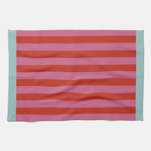 マクシマリストピンク&レッドストライプターコイズ縁ど付き キッチンタオル (横)