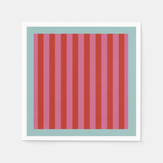 マクシマリストピンク&レッドストライプターコイズ縁ど付き スタンダードカクテルナプキン (正面)