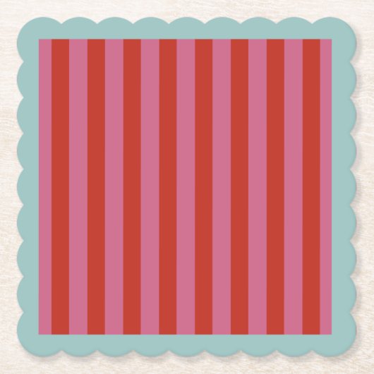 マクシマリストピンク&レッドストライプターコイズ縁ど付き ペーパーコースター (正面)