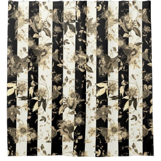 マクシマリストベージュフラワーズオン白黒ストライプ シャワーカーテン (正面)