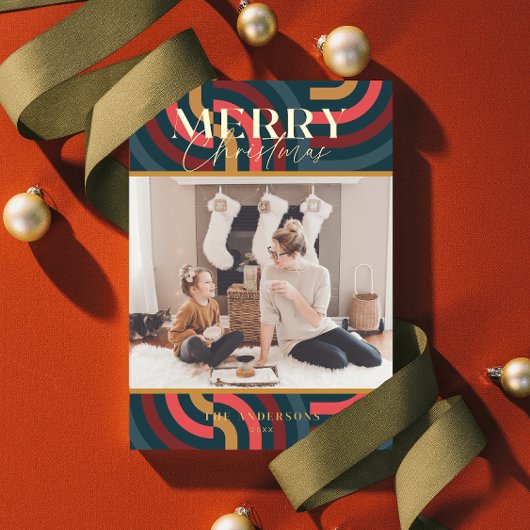 マクシマリスト幾何ティール（緑がかった色）クリスマスフォト 箔シーズンカード