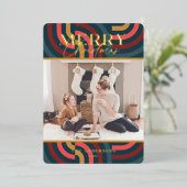 マクシマリスト幾何ティール（緑がかった色）クリスマスフォト 箔招待状 (立ち正面)