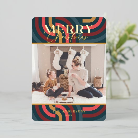 マクシマリスト幾何ティール（緑がかった色）クリスマスフォト 箔招待状 (立ち正面)