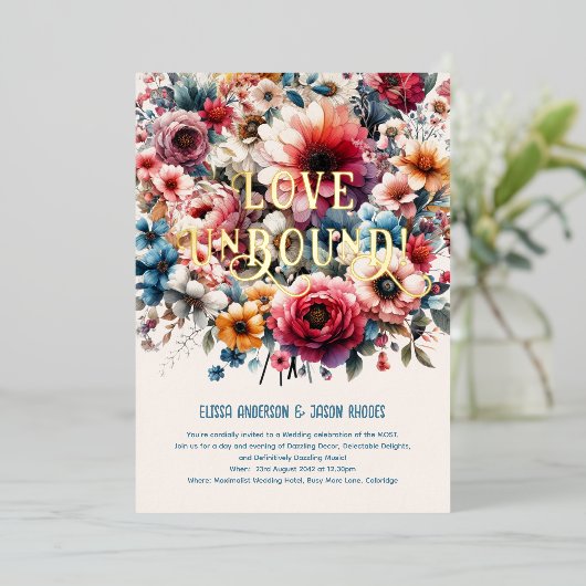 マクシマリスト結婚式招待状フローラテーマ金ゴールド 箔招待状 (立ち正面)