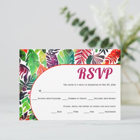 マクシマリスト葉カラフル熱帯緑結婚の 出欠カード (スタンド正面)
