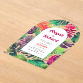 マクシマリスト葉カラフル熱帯都市結婚アーチ アクリル招待状 (レイダウン)