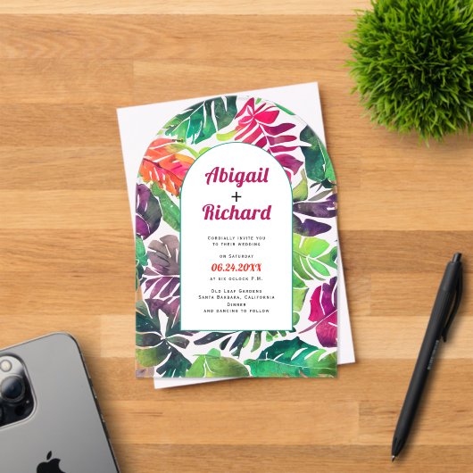 マクシマリスト葉カラフル熱帯都市結婚アーチ アクリル招待状 (インサイチュ (招待状))
