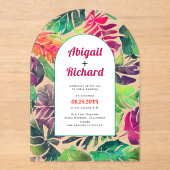 マクシマリスト葉カラフル熱帯都市結婚アーチ アクリル招待状 (正面)