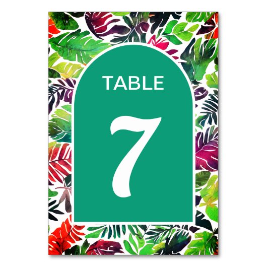 マクシマリスト葉カラフル熱帯都市結婚アーチ テーブルナンバー (正面)