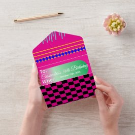 マクシマリズムカラフル誕生日市松模様にフローラ オールインワン招待状