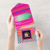 マクシマリズムカラフル誕生日市松模様にフローラ オールインワン招待状 (貼ってはがせる)