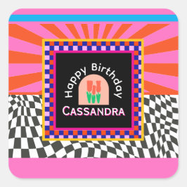 マクシマリズムカラフル誕生日市松模様にフローラ スクエアシール