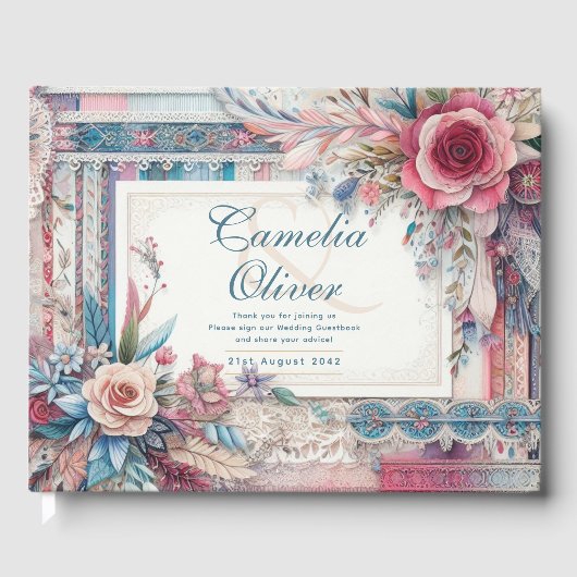 マクシマ結婚リストのヴィンテージフローラティール（緑がかった色） ゲストブック (正面)