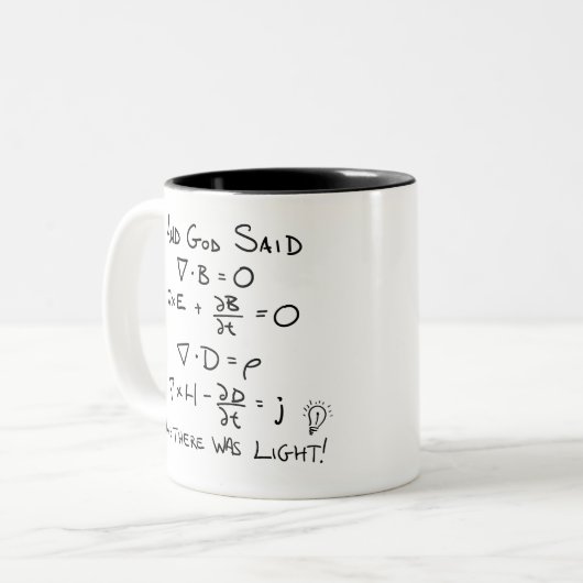 マクスウェルの方程式と神は光があると言った ツートーンマグカップ (正面左)