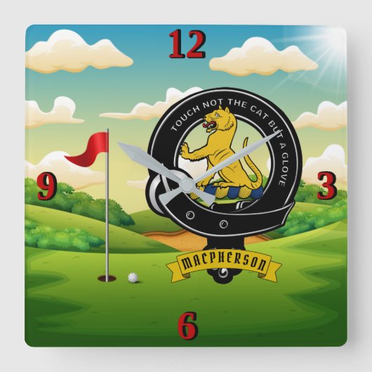マクファーソン・マクファーソン氏バッジパーソナライズされたゴルフ スクエア壁時計 (正面)