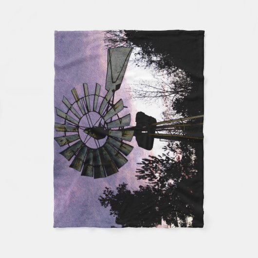 マクフルウォーターカラー風車夕べシーン フリースブランケット (正面)