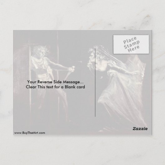 マクベス夫人がヨハン・フセリによってデッガーを受け取る ポストカード (裏面)