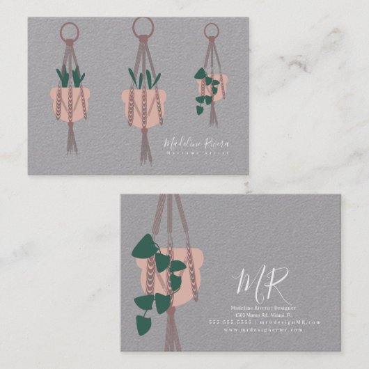 マクラメアーティスト手作りデザインぶら下がったズプラントグレー 名刺 (正面/裏面)