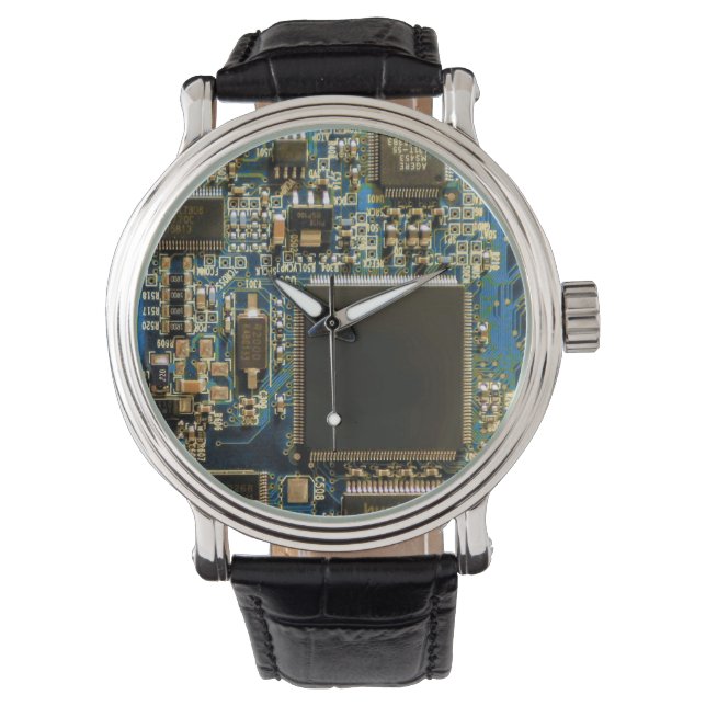 マクロ ブルー回路基板 | PCBの写真 腕時計 (正面)