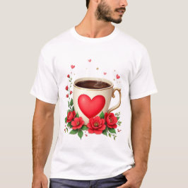 マグカップと赤いハートのコーヒータイム Tシャツ