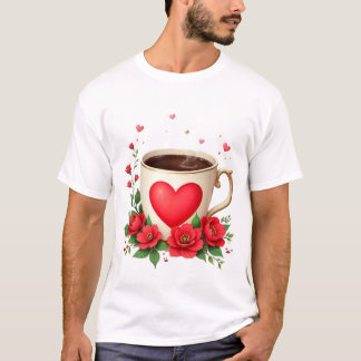 マグカップと赤いハートのコーヒータイム Tシャツ