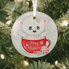 マグカップの中の可愛い白くま メリークリスマス ガラスオーナメント