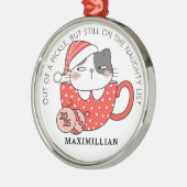 マグカップの中、サンタ帽子をかぶった猫 メタルオーナメント (左)