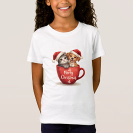 マグカップの猫と犬のクリスマスTシャツ かわいいペット Tシャツ