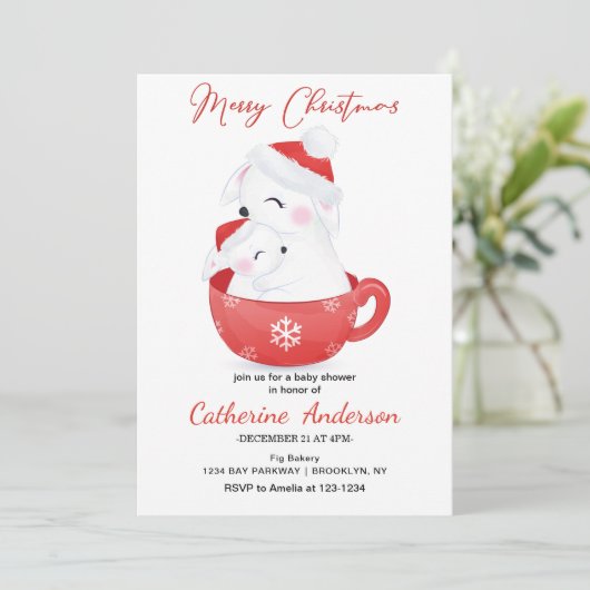 マグカップの赤ちゃんシャワーにクリスマスの小さなお客 招待状 (スタンド正面)