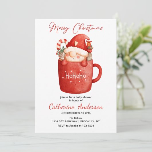 マグカップの赤ちゃんシャワーの可愛いクリスマス格言 招待状 (スタンド正面)